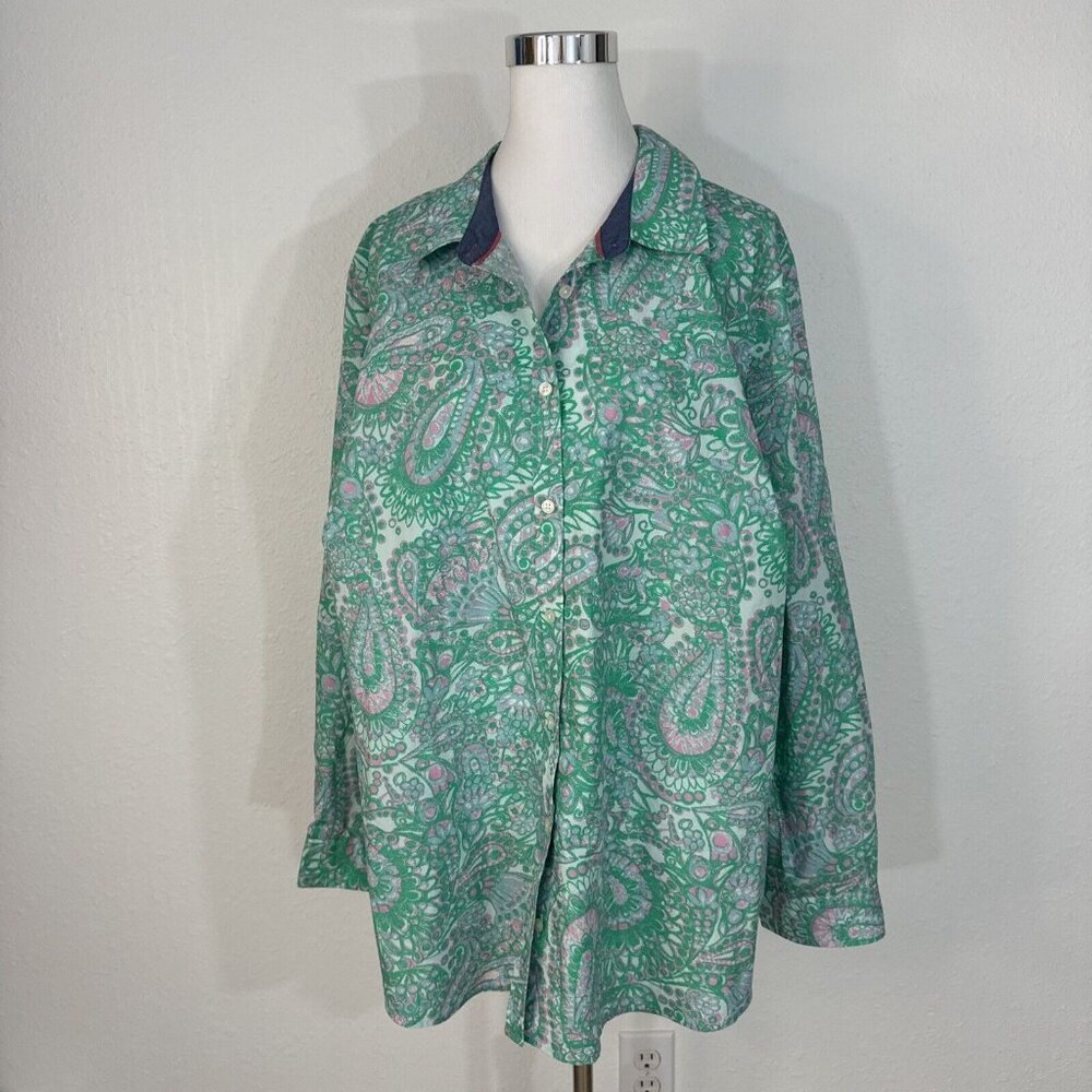 Charter Club Shirt Womens 24W Button Up Top Blouse Roll Sleeves Green Pink NWT